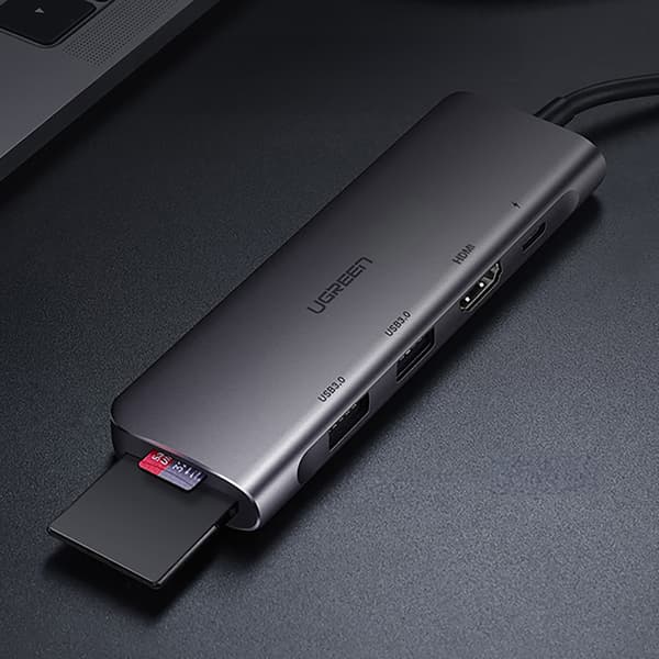 6in1 HUB -sovitin USB-C - HDMI USB-A USB-C PD SD TF -lukija - harmaa