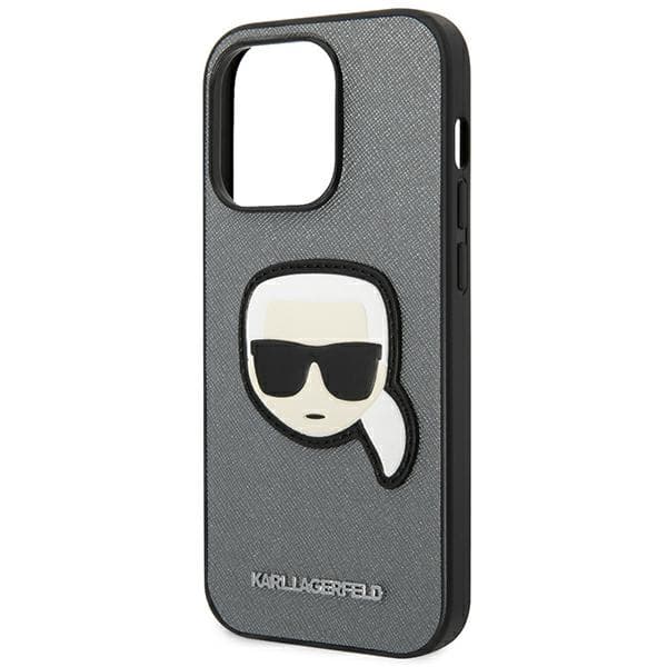 Karl Lagerfeld Saffiano Karl`s Head Patch-etui til iPhone 14 Pro, sølv