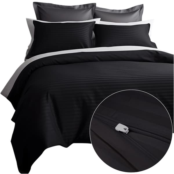 Sengesæt 200x220 satin 100% BOMULD sort med klassiske striber