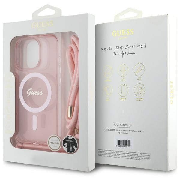Guess Crossbody Cord Script MagSafe-etui til iPhone 16 Pro, lyserød