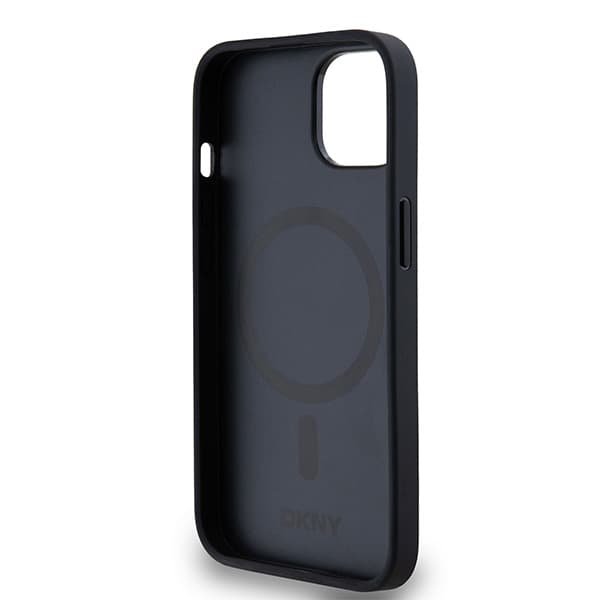 DKNY Lædermonogrammønster Metal Logo MagSafe-etui til iPhone 14, Sort