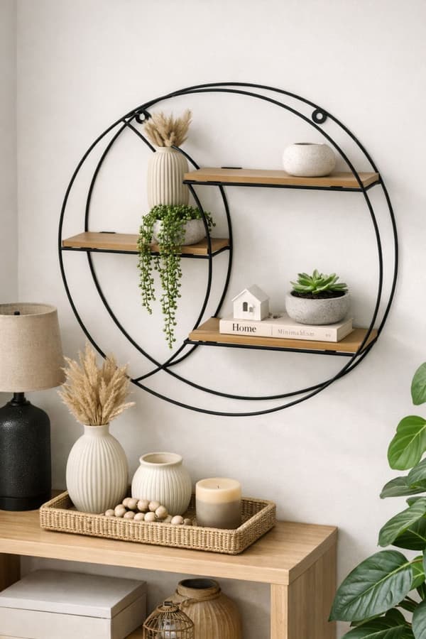 Sort rund metal MDF væghylde 44 cm