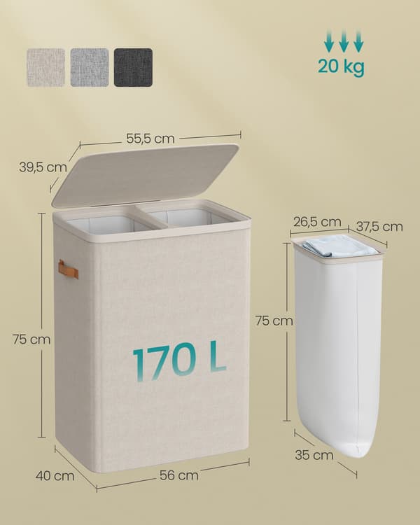 Vasketøjskurv 2 rum x 85 L beige