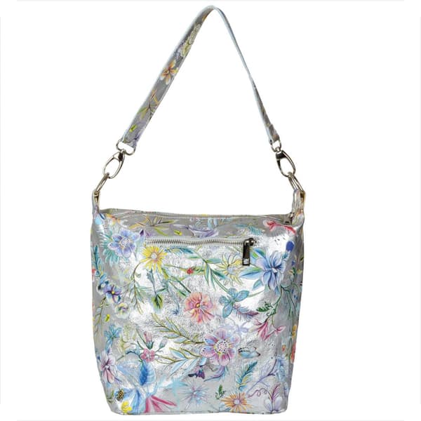 Ljus silverfärgad läderväska med blommor L