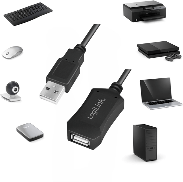 USB 2.0-kabel, USB-A/M til USB-A/F, forstærker, sort, 5m
