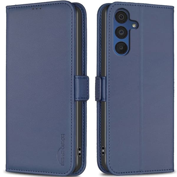 Flipfodral för Samsung Galaxy A15, BINFEN-plånbok, blå + 9H-glas