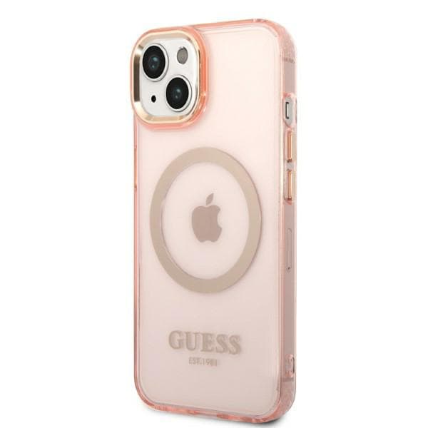 Guess Gold Outline Translucent MagSafe-etui til iPhone 14 Plus, lyserød