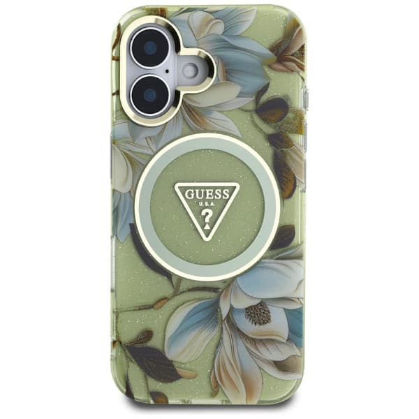 Guess Glitter Flowers Triangle Buttons MagSafe-etui til iPhone 16, grøn