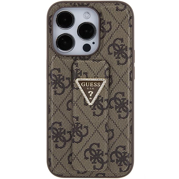 Guess Grip Stand 4G Triangle Strass-cover til iPhone 15 Pro, brun