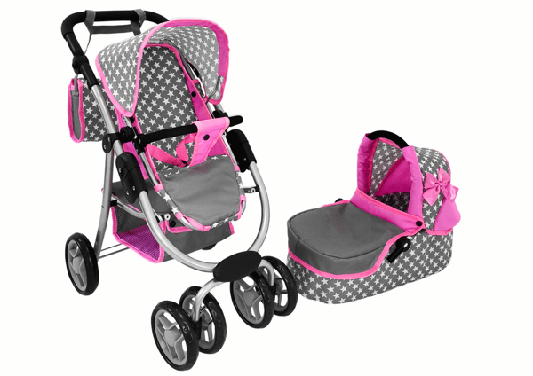 Dukkevogn 2 i 1 Gondoltaske Pink Stjerner
