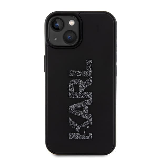 Karl Lagerfeld 3D Gummi Glitter Logo Etui til iPhone 15, Sort