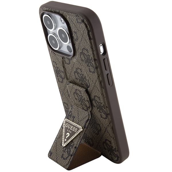 Guess Grip Stand 4G Triangle Strass-cover til iPhone 15 Pro, brun