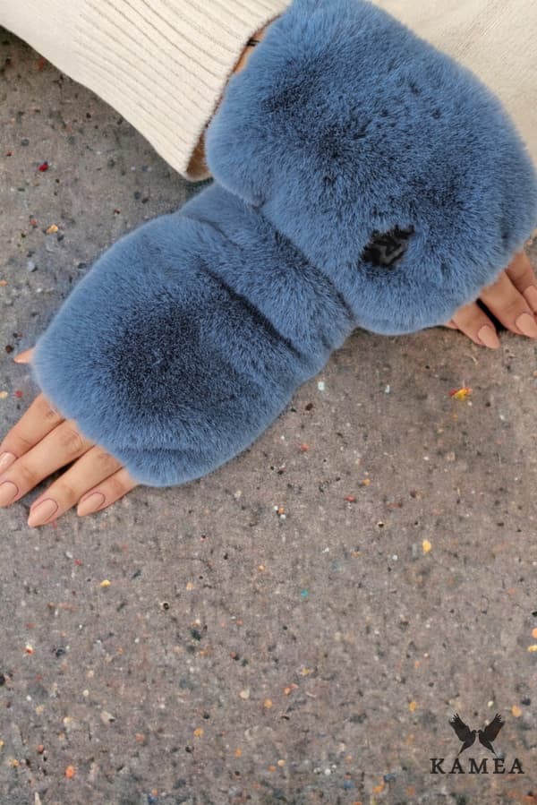 ASTER - fingerløse handsker, økopels, bløde som chinchilla, jeansfarve
