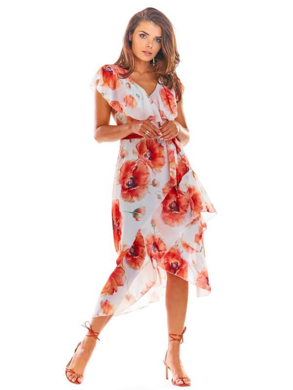 Asymmetrisk chiffongklänning sommar röd vallmo M