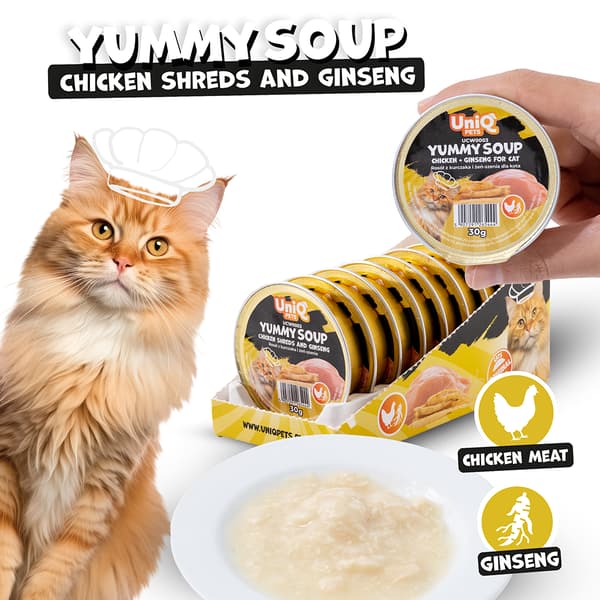Vådfoder til katte Kylling- og ginsengbouillon Yummy Soup UniQ Pets 8x30g