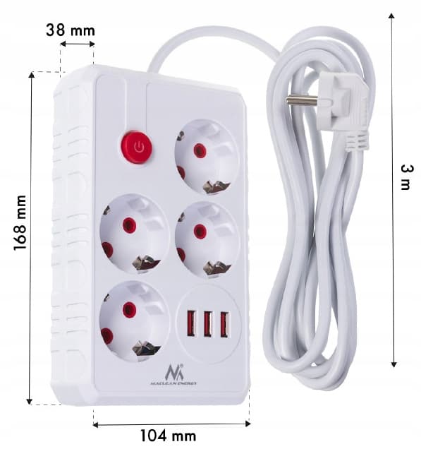 Forlængerledning, 4 stikkontakter, 3xUSB, 3m, MCE393 W