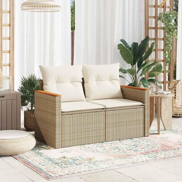 vidaXL Trädgårdssoffa med kuddar, 2-sits, beige, polyrotting