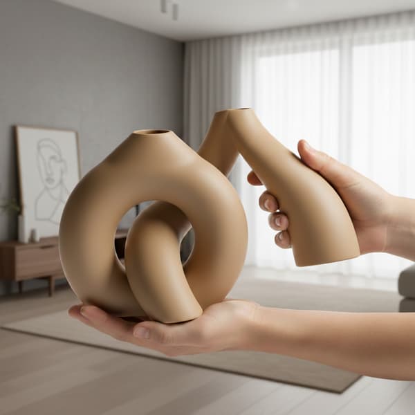 En beige minimalistisk ringformad vas med sammanflätning för blommor