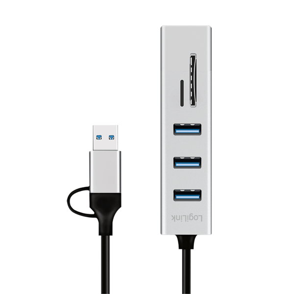Hubb USB 3.0 LogiLink 3xUSB-A SD/microSD-kortläsare 2in1 USB-A/USB-C 5 Gbps