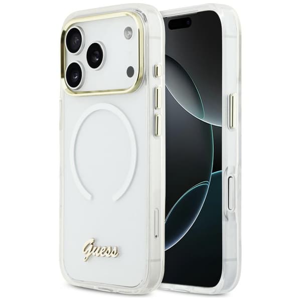 Guess IML Gradient Script Metal MagSafe-etui til iPhone 17 Pro, hvidt