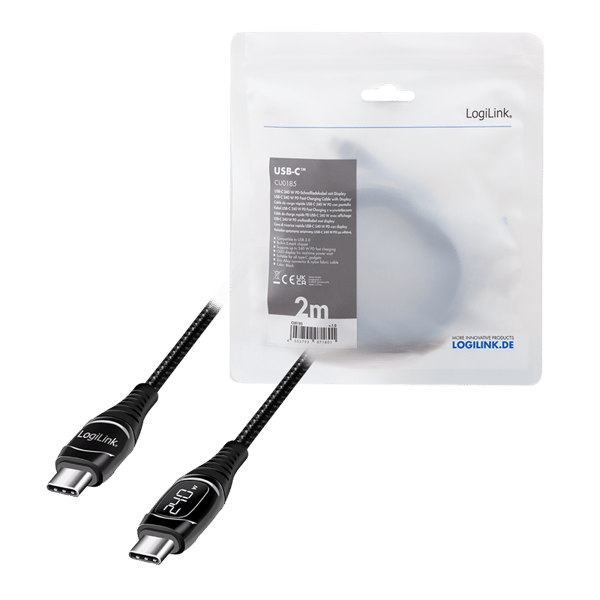 USB Typ-C-kabel med E-märkning, PD, Display, 2m, Svart