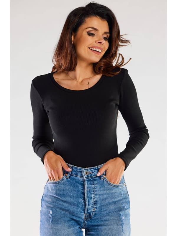 Basis ribbet bomuldsbluse, sort M