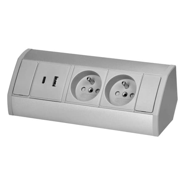 Maadoitettu kaksoiskalustepistorasia 2xUSB A+C 2.4A Harmaa-Hopea