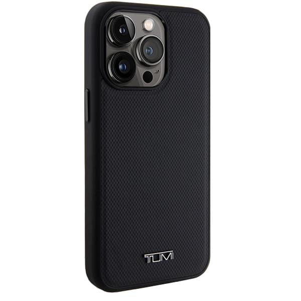 Tumi Leather Ballistic Pattern MagSafe -kotelo iPhone 15 Pro Maxille, musta