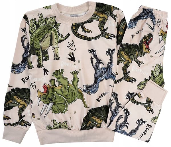 Långärmad pyjamasset för pojkar, bomull, dinosaurier, beige, 3-4 år