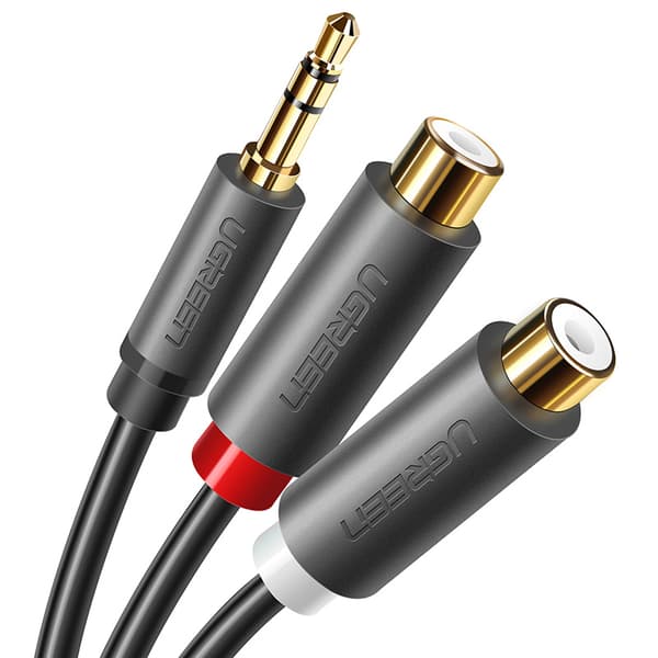 Lydstikadapterkabel 3,5 mm han - 2x RCA hun 0,25m grå