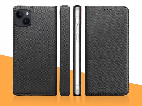 IPHONE 14 PLUS SORT LUKKET FLIP-ETUIL + GLAS