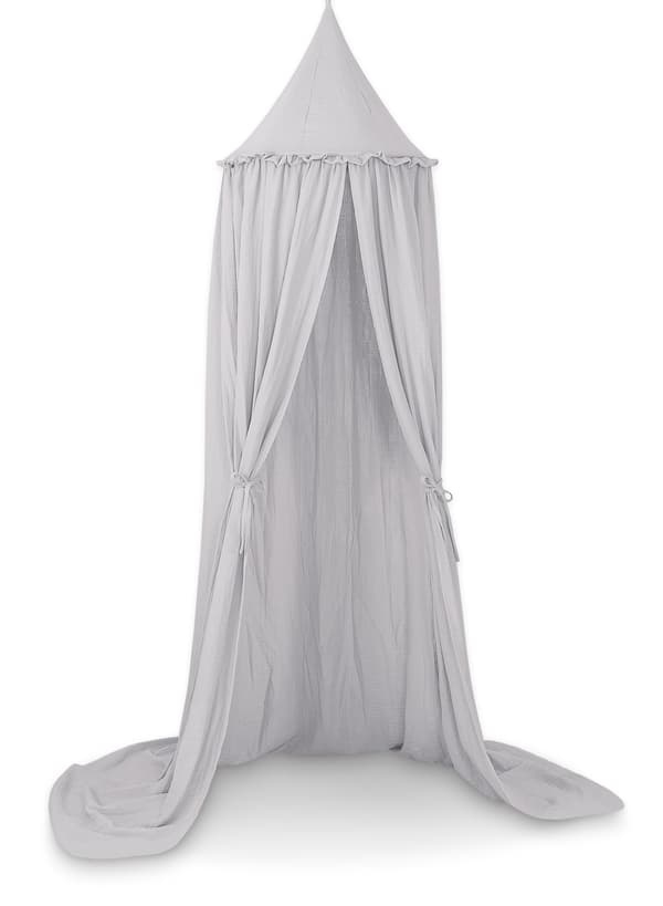 Muslin hængehimmel med flæse til tremmeseng - grå