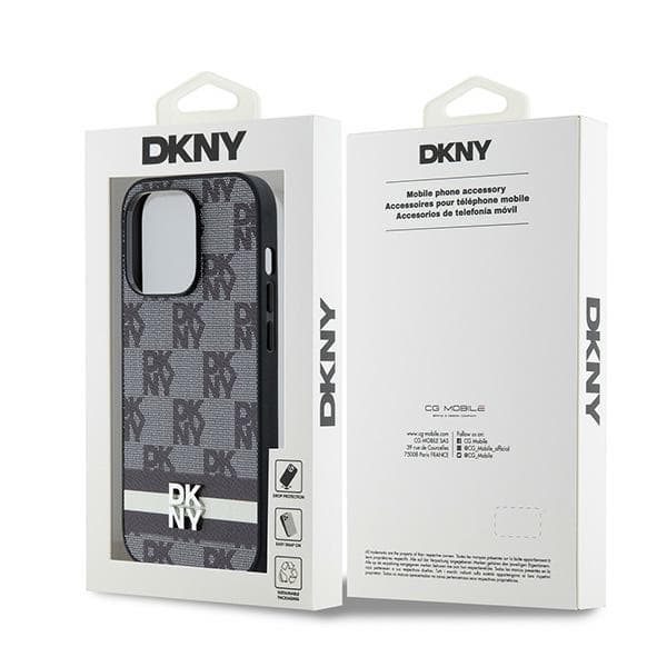DKNY Læderetui med Ternet Monomønster og Trykte Striber til iPhone 14 Pro, Sort