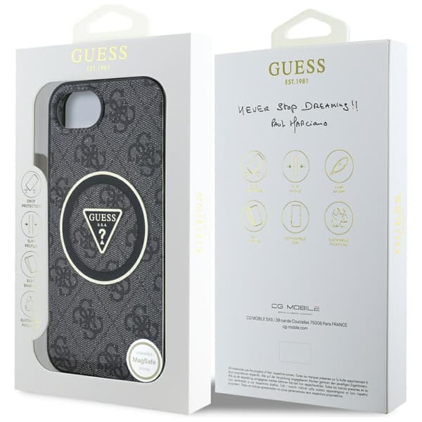 Guess IML Metal Glitter 4G Circle Triangle MagSafe-etui til iPhone 16e, sort