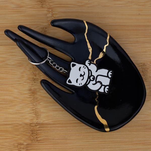 Maneki Neko Japansk Heldigkat Nøglering Hvid 3D