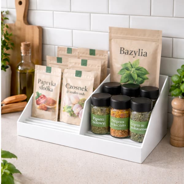 En praktisk kryddförvaring i vitt.