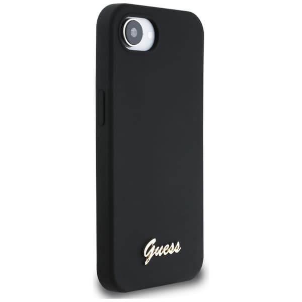 Guess silikoninen Script Metal Logo MagSafe -kotelo iPhone 16e / 17e:lle, musta