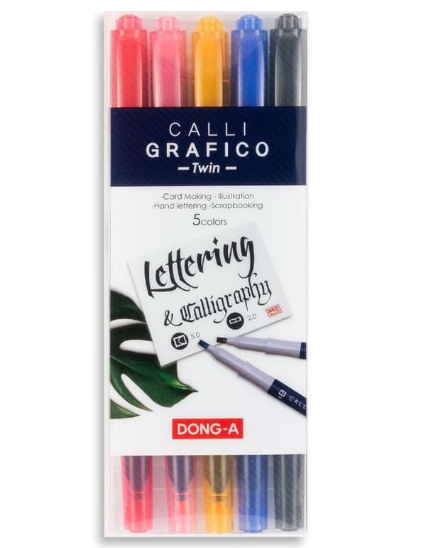 Dobbeltsidede mejselkalligrafipenne, 5 farver