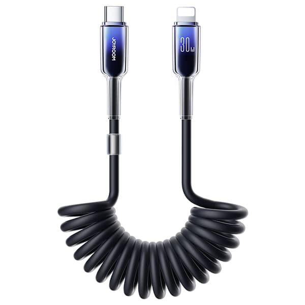 USB-C Spiralkabel - iPhone Lightning Crystal-Clear Series 30W 1,5m - Sort