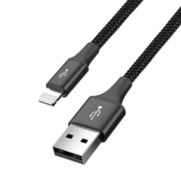 4-i-1 USB-kabel iPhone Lightning 2 x USB-C microUSB Nylonflettet 3,5A 1,2m Sort