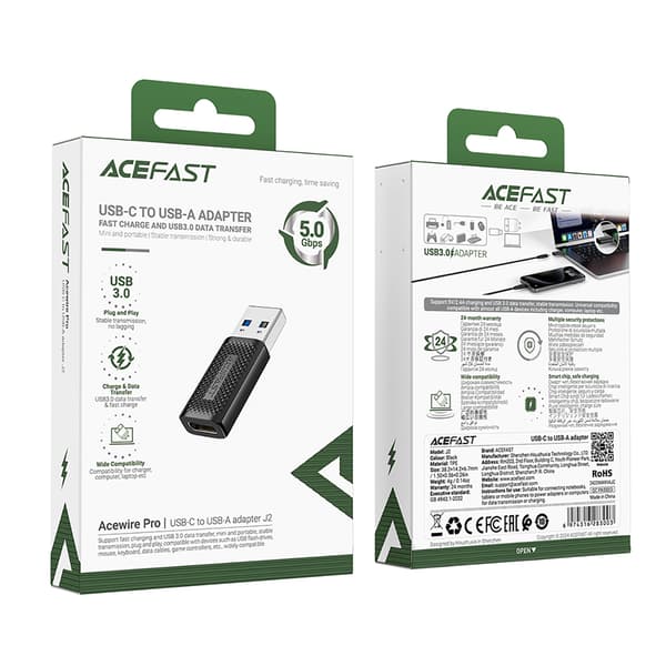 USB-C - USB-A 3.0 (uros) 5 Gb/s -sovitin - musta
