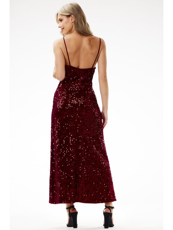Paillette maxi aftenkjole med stropper, bordeaux S
