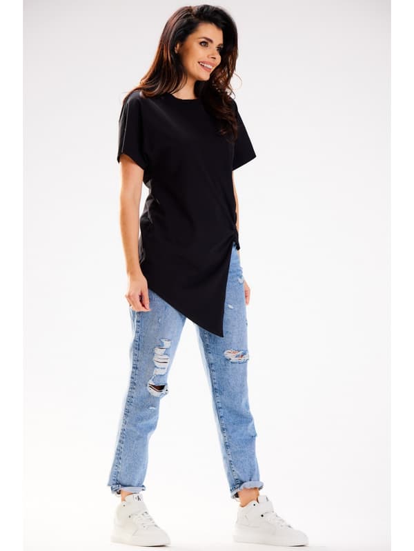 Asymmetrisk bomuldsbluse med korte ærmer, sort L/XL