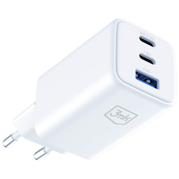 3MK Hyper GaN-laddare 65W 1xUSB-A 2xUSB-C PD QC4+, vit