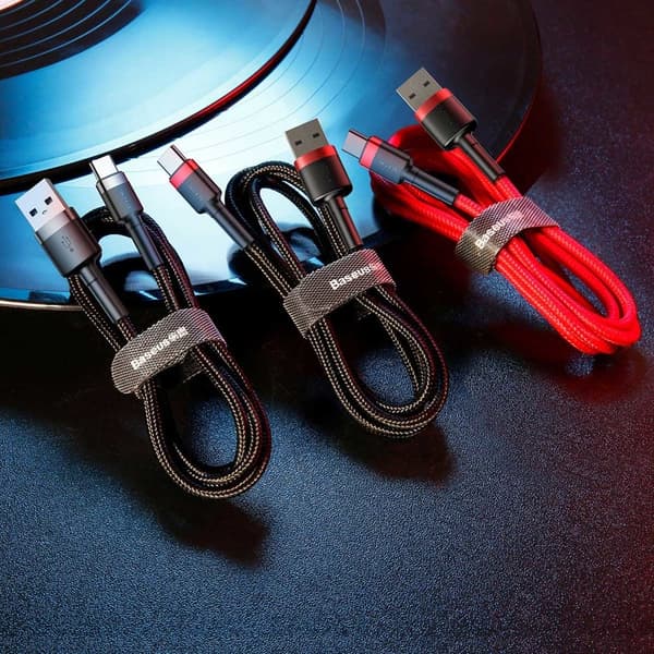 Holdbart nylonkabel USB-C QC3.0 2A 3M sort og rød