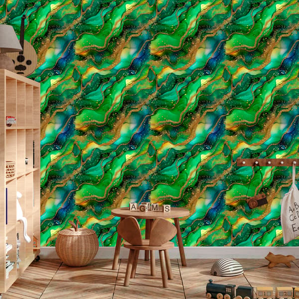 Musteenvihreä, pullonvihreä, merenvihreä ja keltainen tapetti 50x1000 cm