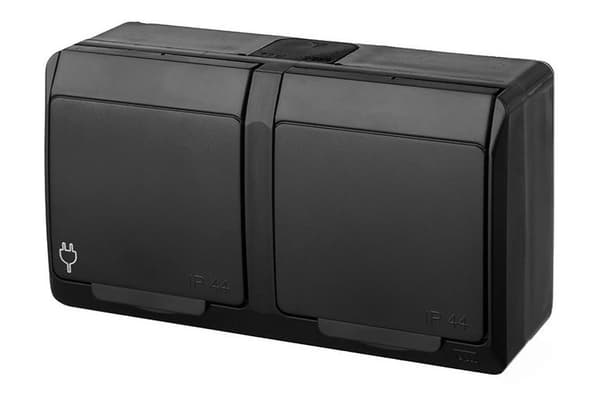 2-vejs påbygningsstikkontakt, IP44, sort, Hermes