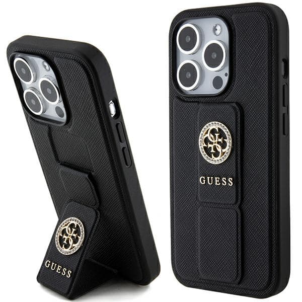 Guess Grip Stand 4G Saffiano Strass-etui til iPhone 15 Pro Max, sort