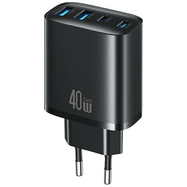 USAMS T70 40W Vægoplader 2xUSB-A/2xUSB-C Sort