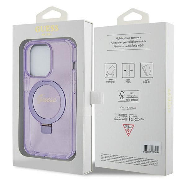 Guess Ring Stand Script Glitter MagSafe-skal till iPhone 14 Pro Max, Lila